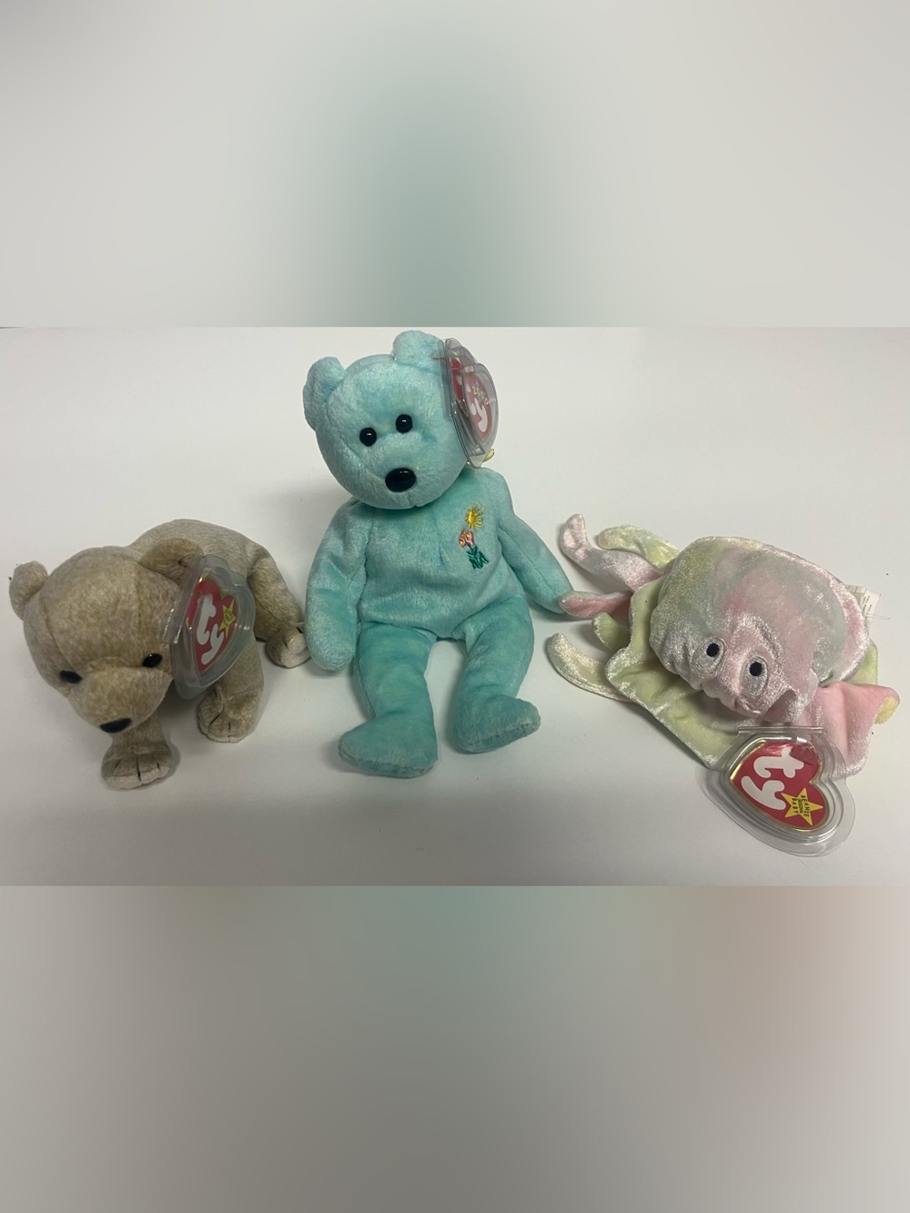 Ty Mint Green Plush Bear with Embroidered Flower, Jelly fish and bear